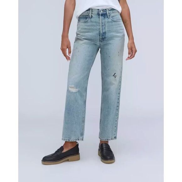 EVERLANE The 90's Way High Jean 25 Rigid Paint Splatter Light Blue Wash NWT B70 - Picture 1 of 6